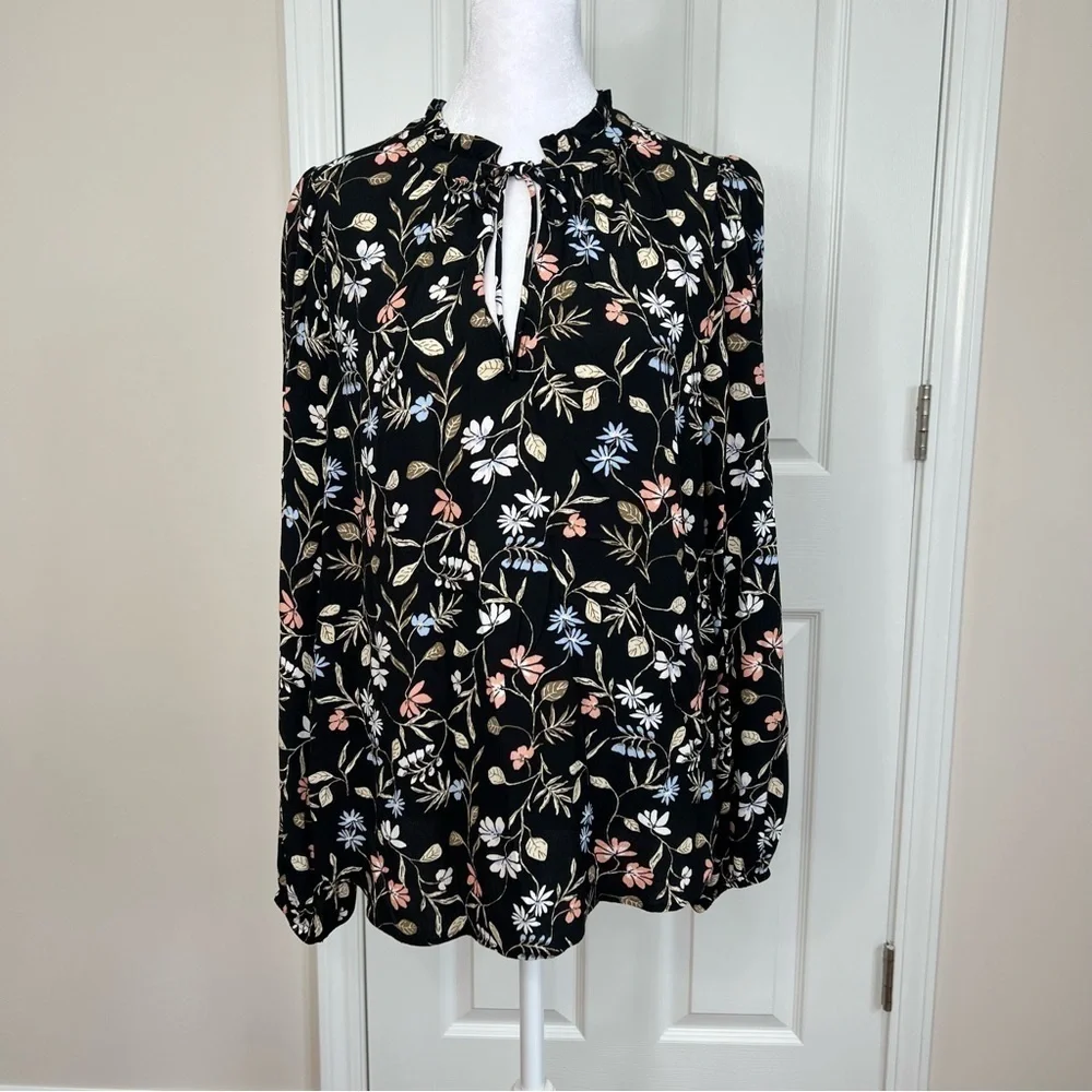 ! LOFT Floral Ruffle Tie Neck Blouse, - Picture 3 of 11
